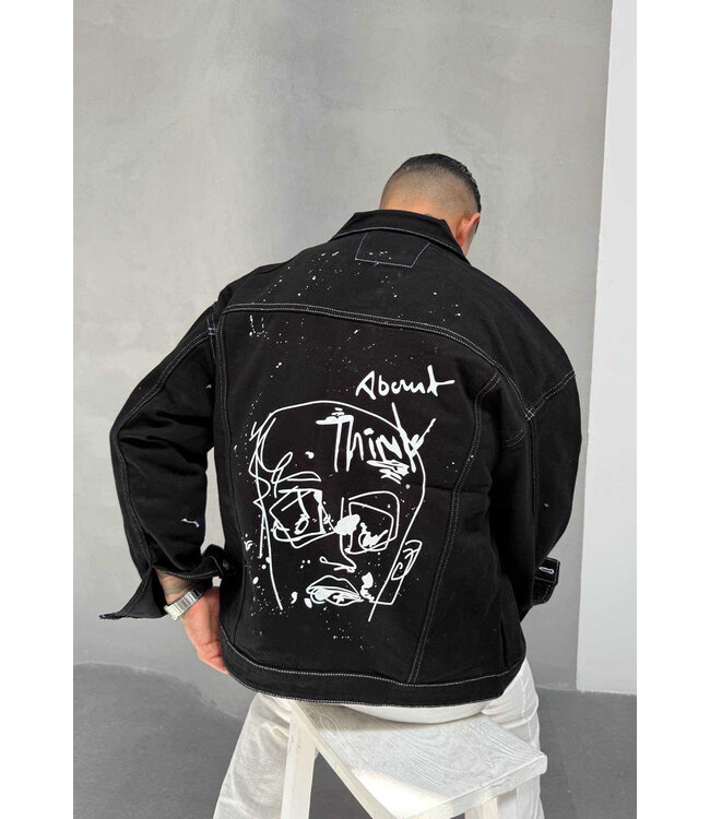 Zwarte Denim Jas met Witte Contraststiksels en Abstracte Print op de Rug voor Heren