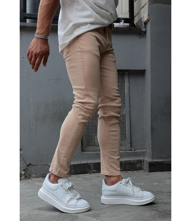 Slim Fit Beige Jeans met Stretchstof en Minimalistisch Design voor Heren