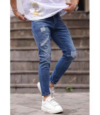 Blauwe Slim Fit Jeans met Scheuren