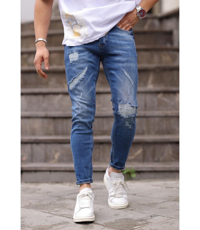 Slim Fit Blauwgewassen Jeans met Gescheurde Details en Stretchstof voor Heren