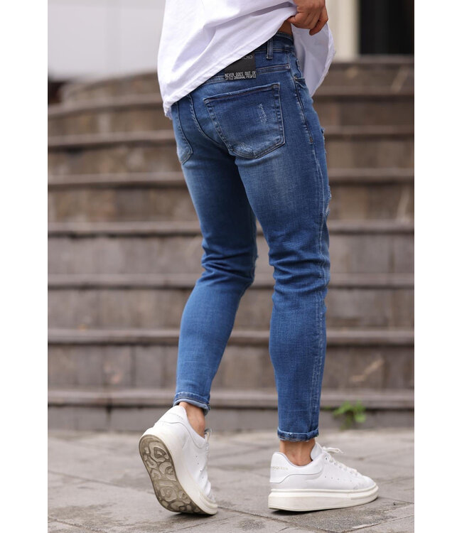 Slim Fit Blauwgewassen Jeans met Gescheurde Details en Stretchstof voor Heren