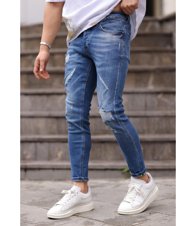 Slim Fit Blauwgewassen Jeans met Gescheurde Details en Stretchstof voor Heren