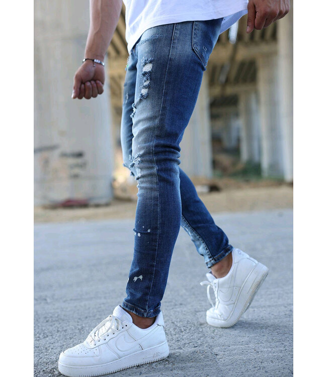 Slim Fit Donkerblauwe Jeans met Verf Vlekken, Scheuren en Stretchstof