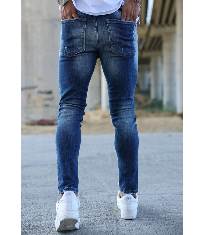 Slim Fit Donkerblauwe Jeans met Verf Vlekken, Scheuren en Stretchstof