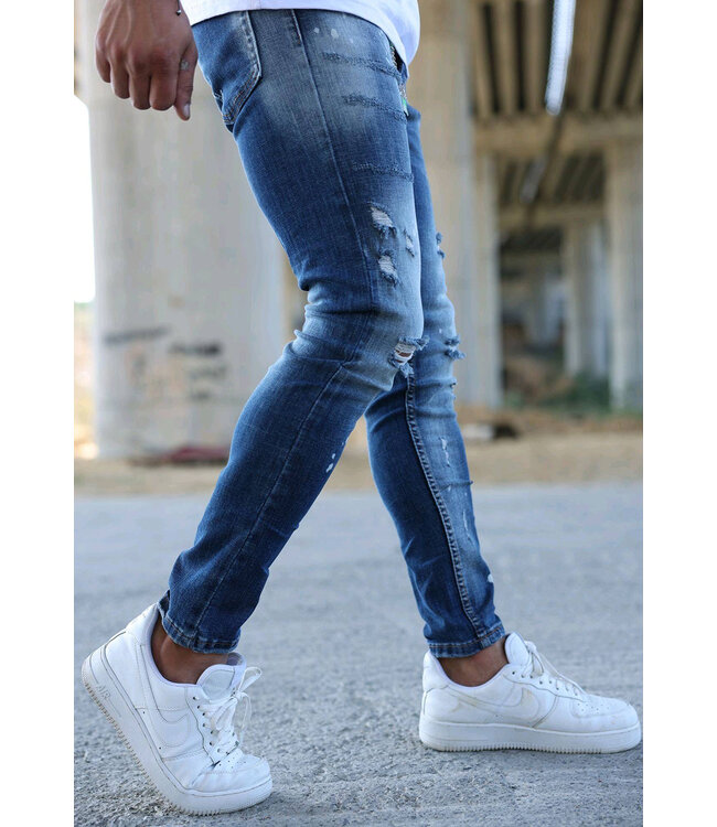 Slim Fit Donkerblauwe Jeans met Verf Vlekken, Scheuren en Stretchstof