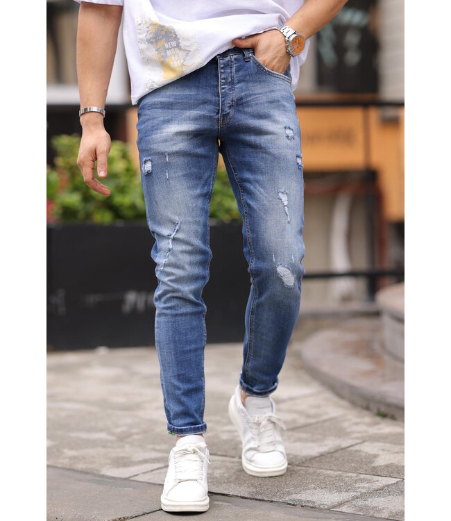 Slim Fit Middenblauwe Jeans met Subtiele Scheuren en Stretchstof voor Heren