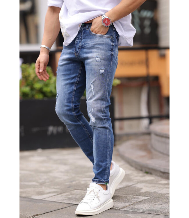 Slim Fit Middenblauwe Jeans met Subtiele Scheuren en Stretchstof voor Heren