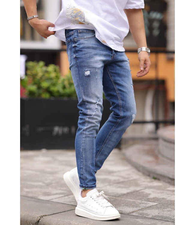 Slim Fit Middenblauwe Jeans met Subtiele Scheuren en Stretchstof voor Heren