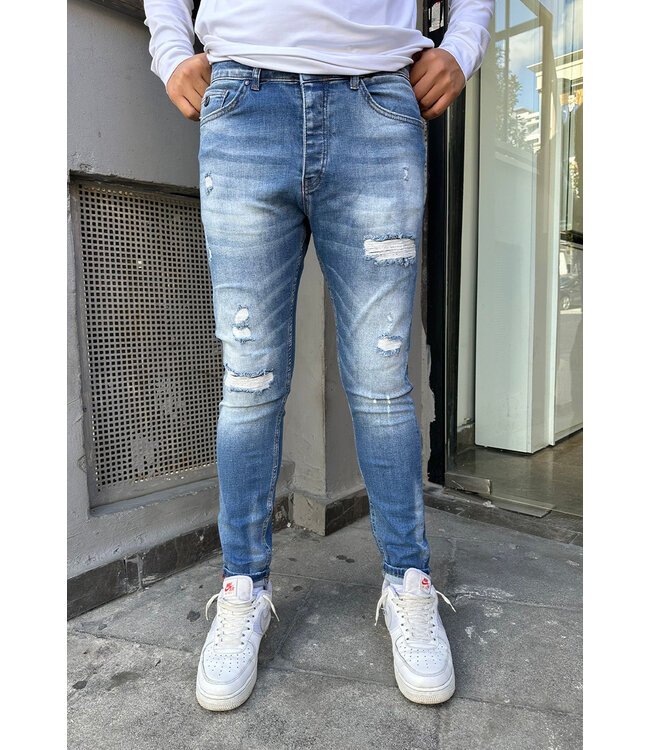 Slim Fit Lichtblauwe Jeans met Wassing en Gescheurde Details voor Heren