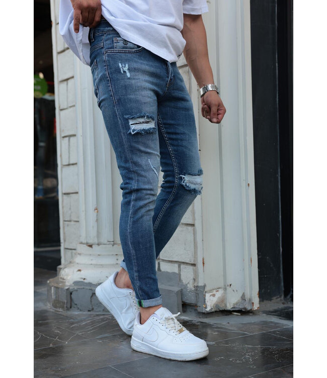 Lichtblauwe Slim Fit Jeans voor Heren met Stretch en Gescheurde Details