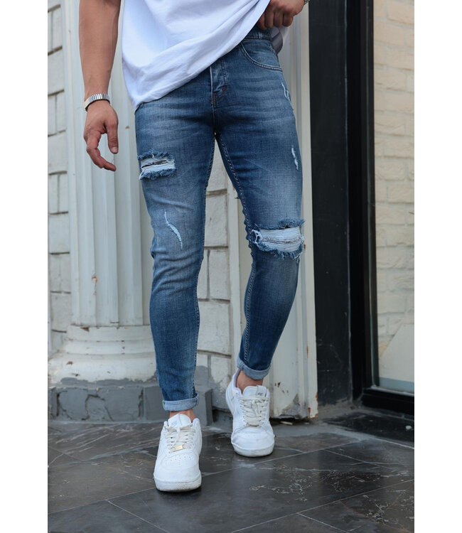Lichtblauwe Slim Fit Jeans voor Heren met Stretch en Gescheurde Details