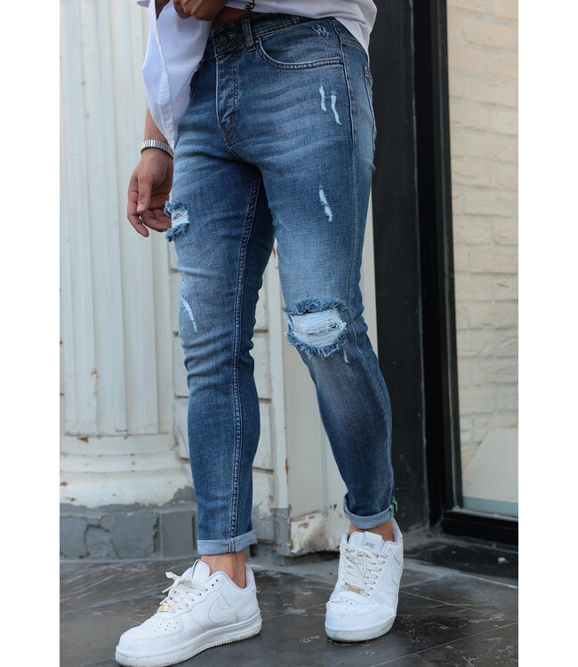 Lichtblauwe Slim Fit Jeans voor Heren met Stretch en Gescheurde Details