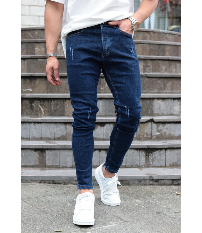 Slim Fit Donkerblauwe Jeans met Subtiele Beschadigingen en Stretchstof voor Heren
