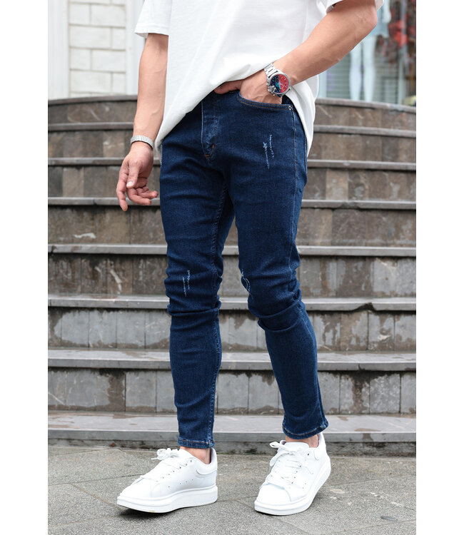 Slim Fit Donkerblauwe Jeans met Subtiele Beschadigingen en Stretchstof voor Heren