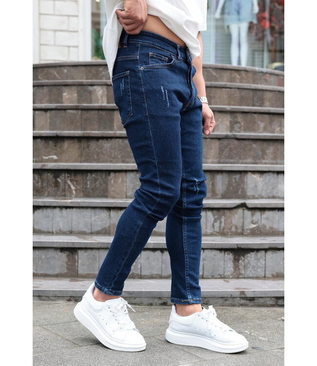 Slim Fit Donkerblauwe Jeans met Subtiele Beschadigingen en Stretchstof voor Heren