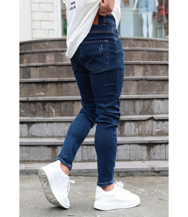 Slim Fit Donkerblauwe Jeans met Subtiele Beschadigingen en Stretchstof voor Heren