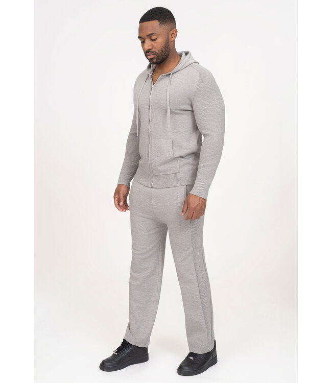 Lichtgrijze Two Piece Knit Set met Gebreide Hoodie en Rechte Knit Broek