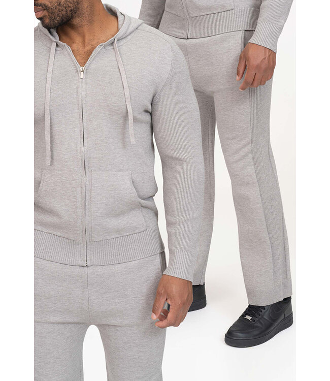Lichtgrijze Two Piece Knit Set met Gebreide Hoodie en Rechte Knit Broek
