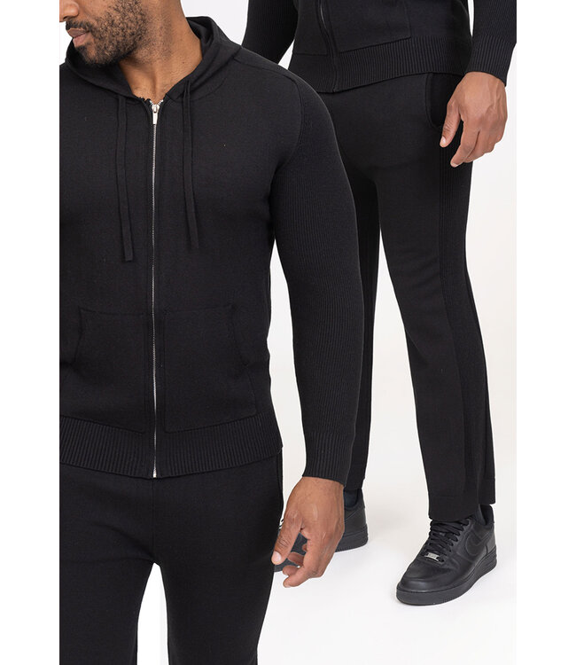 Zwarte Two Piece Knit Set met Gebreide Hoodie en Rechte Knit Broek