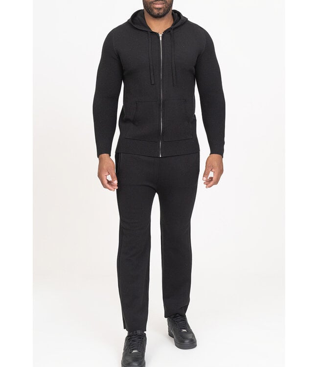 Zwarte Two Piece Knit Set met Gebreide Hoodie en Rechte Knit Broek