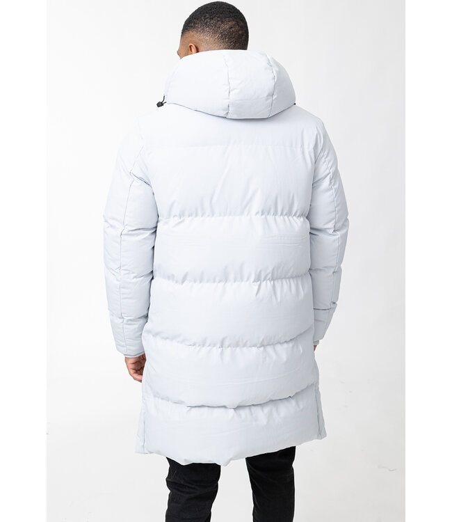 Witte Lange Pufferjas met Capuchon, Volledige Rits en Gewatteerde Panelen