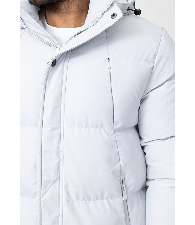 Witte Lange Pufferjas met Capuchon, Volledige Rits en Gewatteerde Panelen