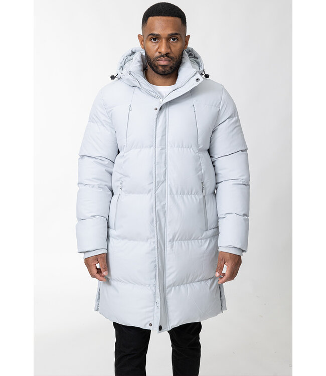Witte Lange Pufferjas met Capuchon, Volledige Rits en Gewatteerde Panelen