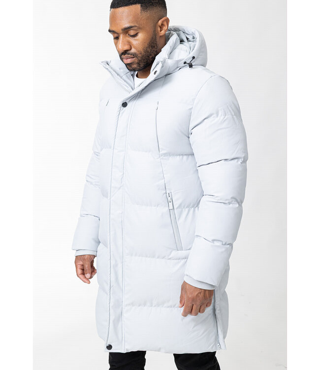 Witte Lange Pufferjas met Capuchon, Volledige Rits en Gewatteerde Panelen