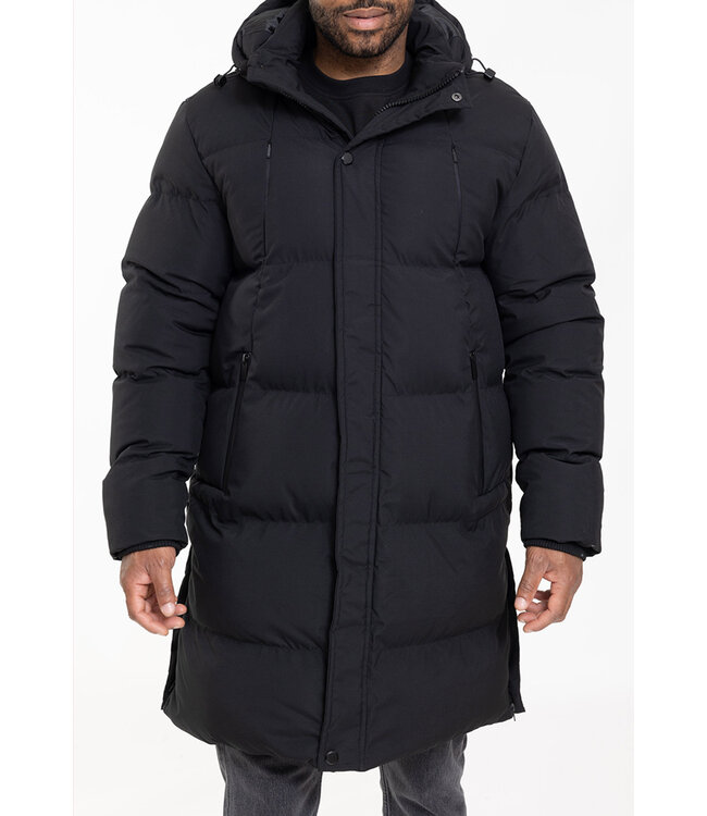 Zwarte Lange Pufferjas met Capuchon, Volledige Rits en Extra Gewatteerde Panelen