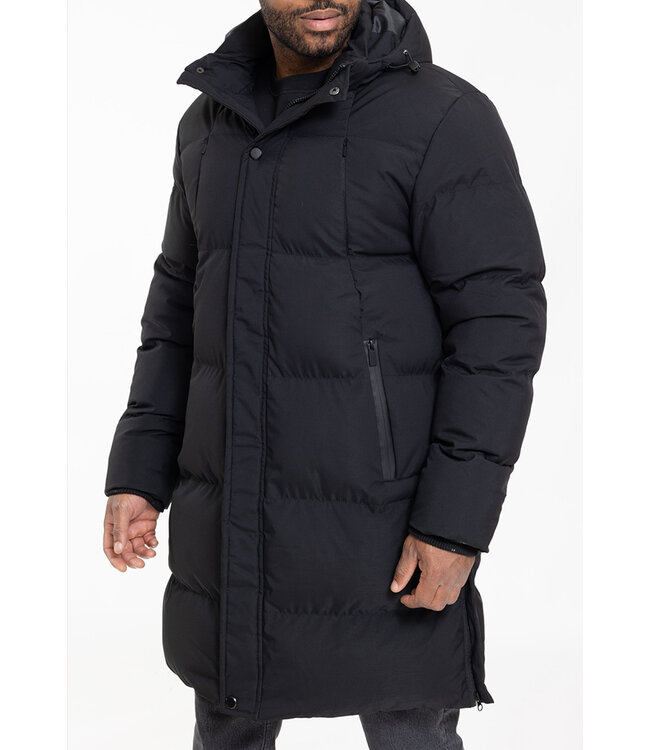 Zwarte Lange Pufferjas met Capuchon, Volledige Rits en Extra Gewatteerde Panelen