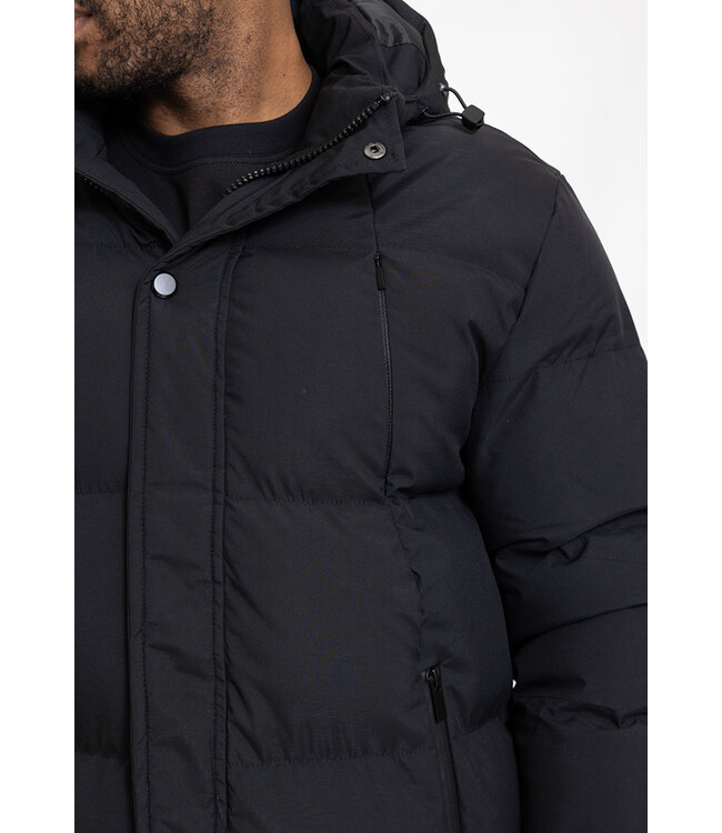 Zwarte Lange Pufferjas met Capuchon, Volledige Rits en Extra Gewatteerde Panelen