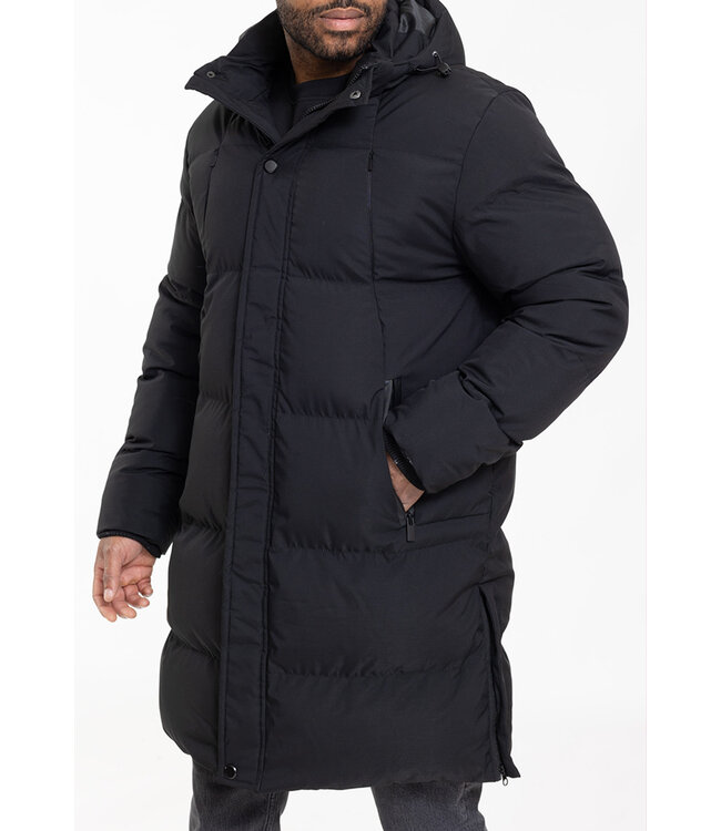 Zwarte Lange Pufferjas met Capuchon, Volledige Rits en Extra Gewatteerde Panelen