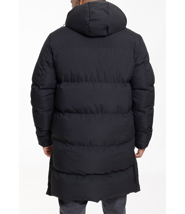 Zwarte Lange Pufferjas met Capuchon, Volledige Rits en Extra Gewatteerde Panelen