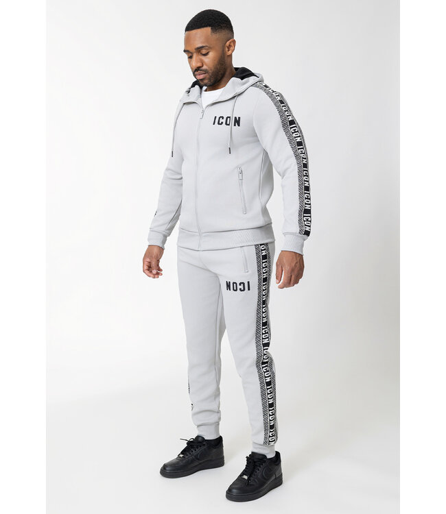 Lichtgrijze Two Piece Jogging Set met Capuchon Vest, ICON-Details en Taped Stripes