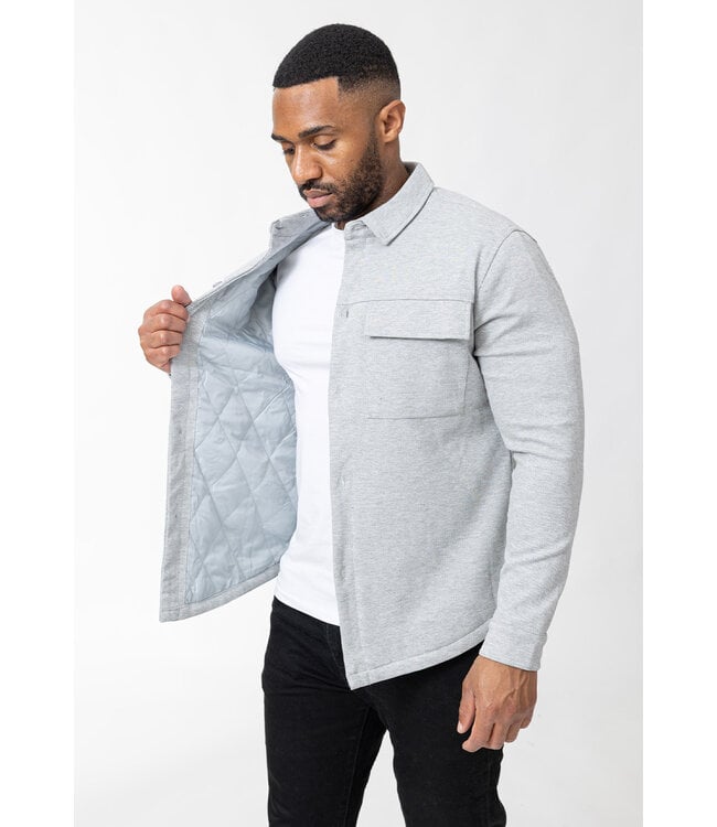 Lichtgrijze Gewatteerde Shacket met Drukknoopsluiting en Borstzak