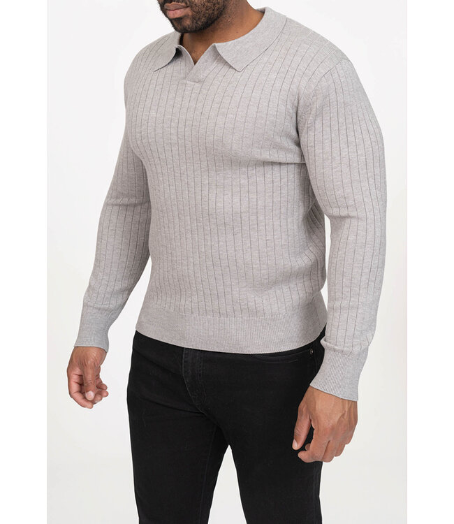 Lichtgrijze Geribde Trui met Open Polo Hals en Aansluitende Pasvorm