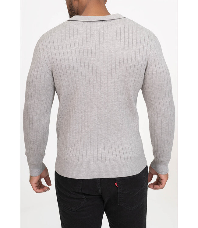 Lichtgrijze Geribde Trui met Open Polo Hals en Aansluitende Pasvorm