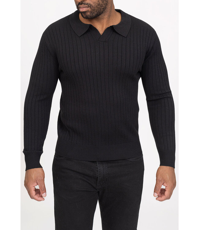 Zwarte Geribde Trui met Open Polo Hals en Aansluitende Pasvorm