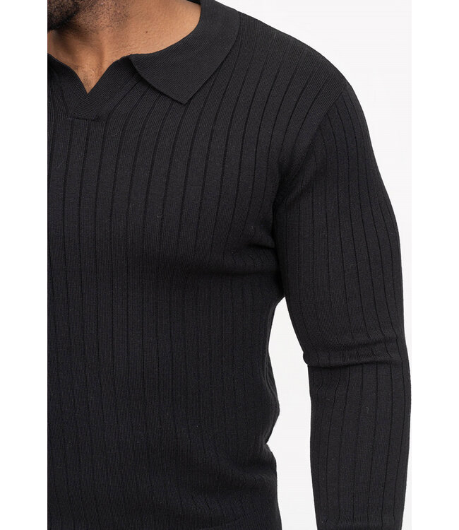 Zwarte Geribde Trui met Open Polo Hals en Aansluitende Pasvorm