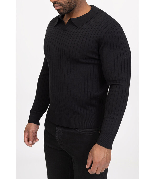 Zwarte Geribde Trui met Open Polo Hals en Aansluitende Pasvorm