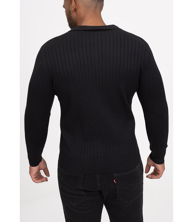 Zwarte Geribde Trui met Open Polo Hals en Aansluitende Pasvorm