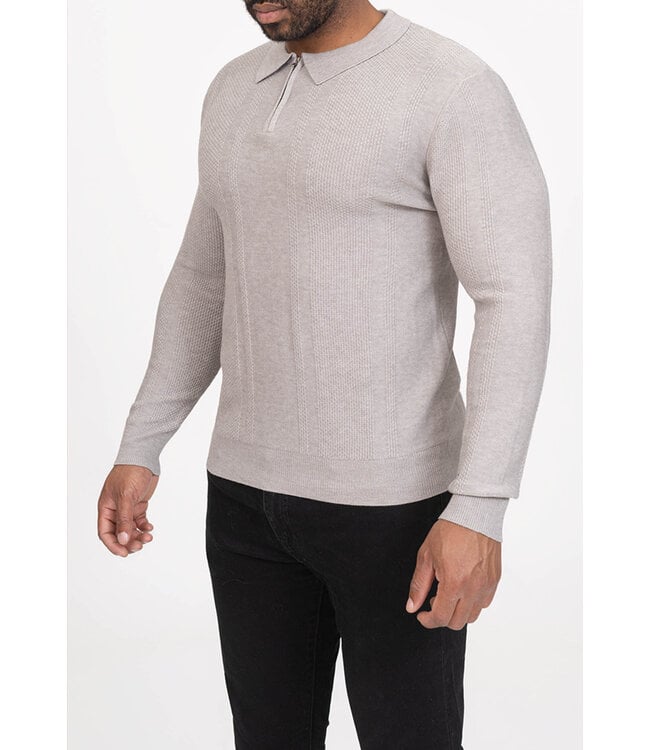 Grijze Gebreide Trui met Kraag en Halve Rits in Fijn Structuurpatroon