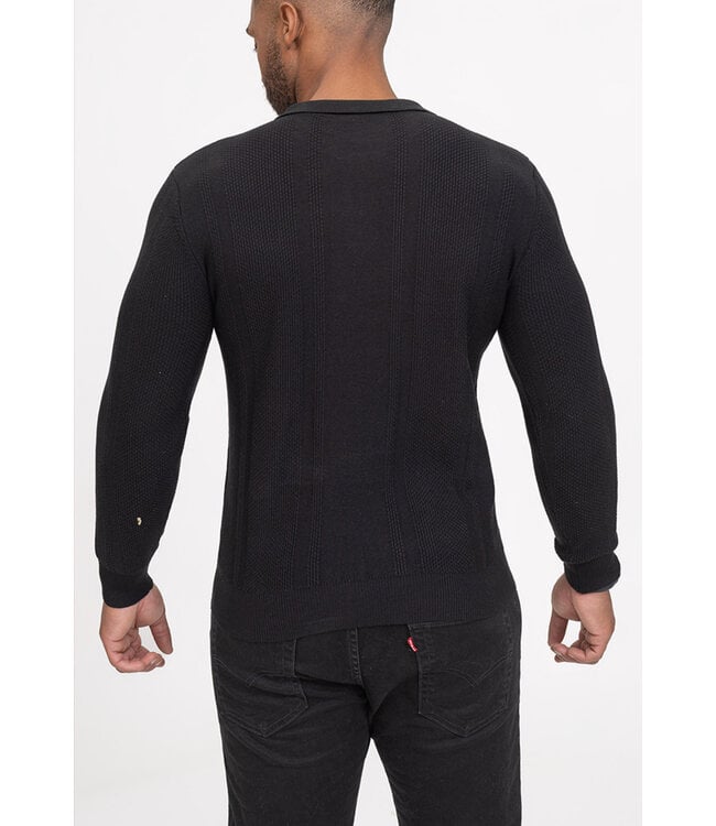 Zwarte Gebreide Trui met Kraag en Halve Rits in Fijn Structuurpatroon