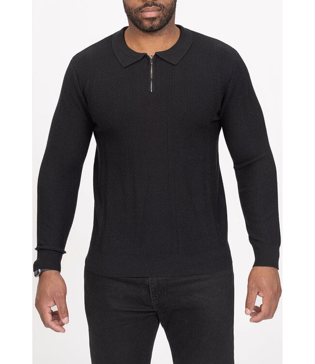 Zwarte Gebreide Trui met Kraag en Halve Rits in Fijn Structuurpatroon