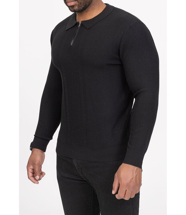 Zwarte Gebreide Trui met Kraag en Halve Rits in Fijn Structuurpatroon