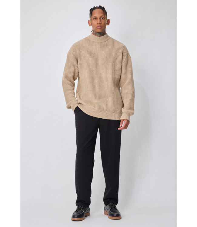 Beige Heren Trui met Hoge Kraag en Grof Gebreid Structuurpatroon
