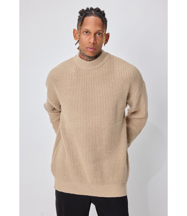 Beige Heren Trui met Hoge Kraag en Grof Gebreid Structuurpatroon