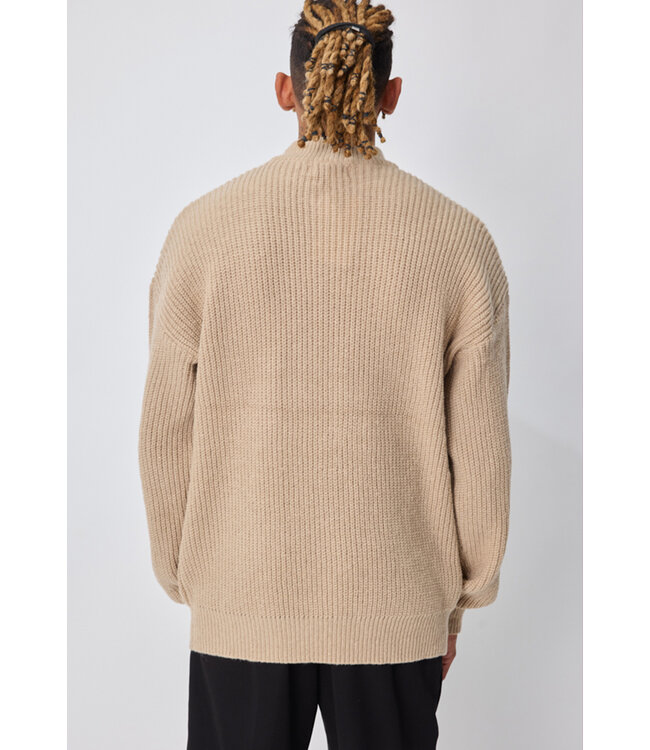 Beige Heren Trui met Hoge Kraag en Grof Gebreid Structuurpatroon
