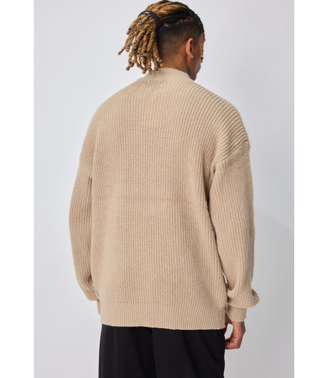 Beige Heren Trui met Hoge Kraag en Grof Gebreid Structuurpatroon