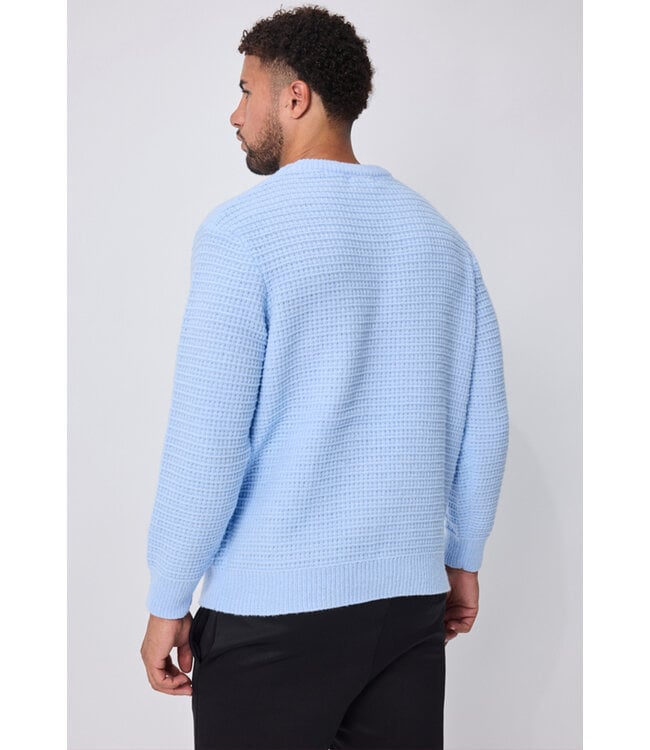 Lichtblauwe Gebreide Herentrui met Structuurpatroon en Geribde Boorden